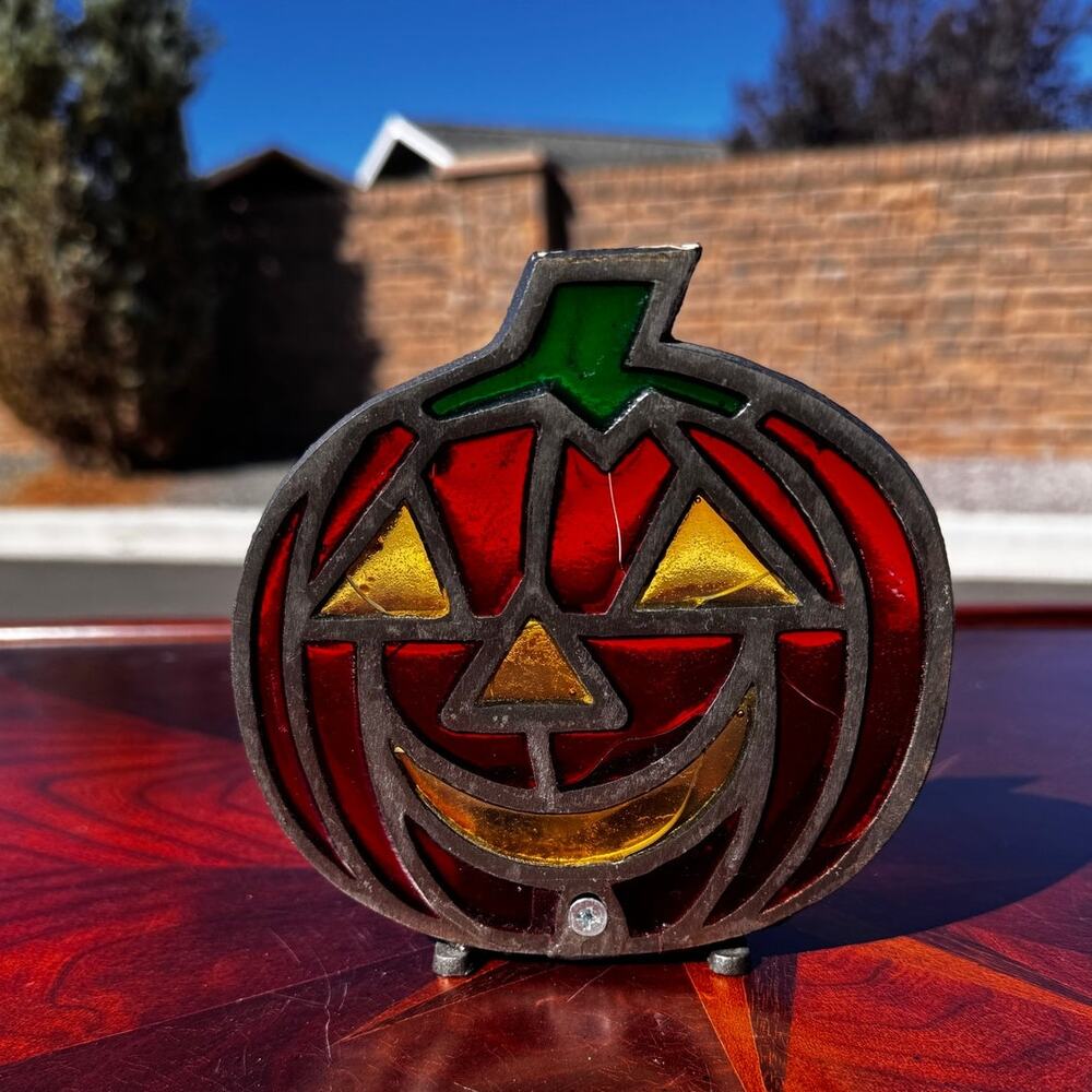 Vintage Cast Iron Stained Glass Jack-O'-Lantern Pumpkin Candle Holder 70s 80s